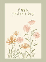 Mother's day greeting card watercolor wildflowers. Backgrounds with realistic drawing daisies and chrysanthemums flowers.