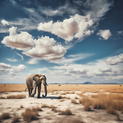 Lone elephant wandering across the vast expanse of an African savannah