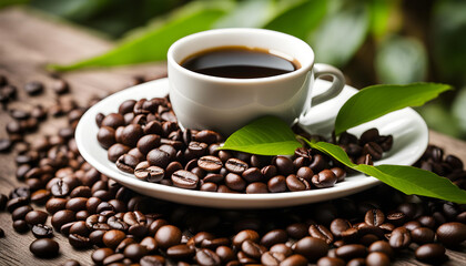Fototapeta premium coffee cup with coffee beans, roaster, organic coffee, leaves and nature, premium coffee, porcelain cup, espresso, americano, homemade brew, high quality coffee, outside in nature