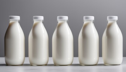 Five milk bottles lined up on a table - obrazy, fototapety, plakaty