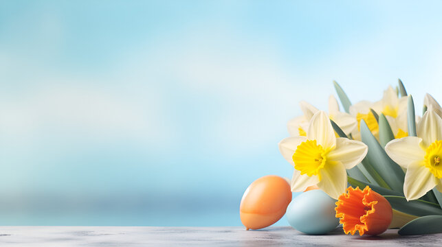 top view, easter background with colored easter eggs and daffodils