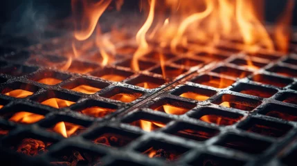 Foto auf Acrylglas Macro close-up of a flaming black grill, with fire, smoke and fire sparks. Metal grill for grilling meat and food at an outdoor picnic. © SnowElf