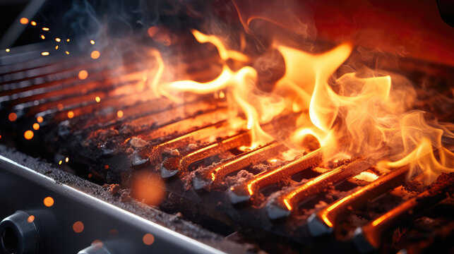 Macro close-up of a flaming portable black grill with fire, smoke and fire sparks. Metal grill for grilling meat and food at an outdoor picnic.
