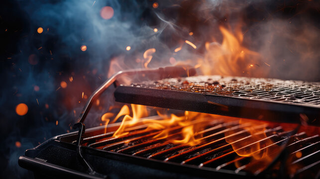 Macro close-up of a flaming black grill for party with fire, smoke and fire sparks. Metal grill for grilling meat and food at an outdoor picnic.