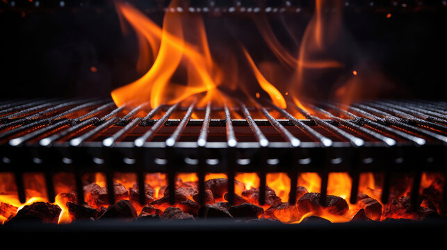 Macro close-up of a flaming black grill for party with fire, smoke and fire sparks. Metal grill for grilling meat and food at an outdoor picnic.