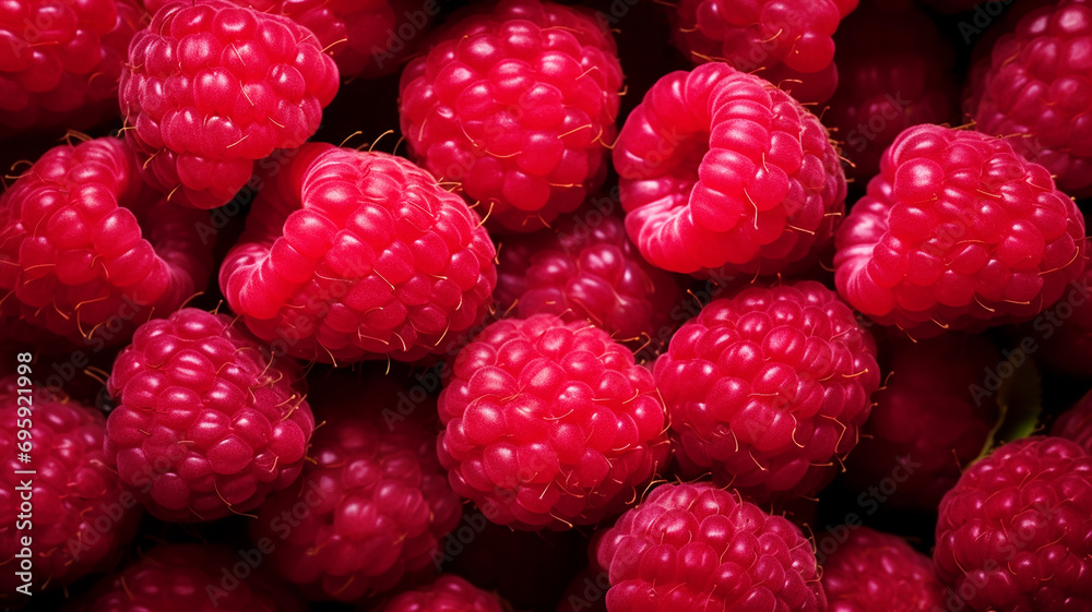 Wall mural delicious natural fresh red raspberries close up