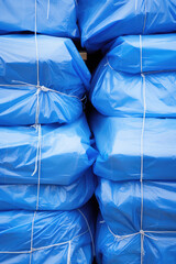 Protective blue tarpaulins for construction sites, water repellent films for repair and exterior construction work, awnings and canopies, vertical banner.