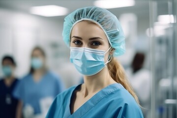 Female nurse wearing medical mask, generative ai.