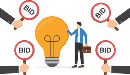 Auctioning bids for new idea technology, patent and innovation concept, Businessmen hold bid signs for auction, competition for big deals

 - obrazy, fototapety, plakaty