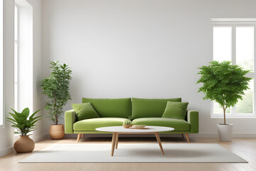 Minimalist living room with sofa and armchair, white wall and green plant.
