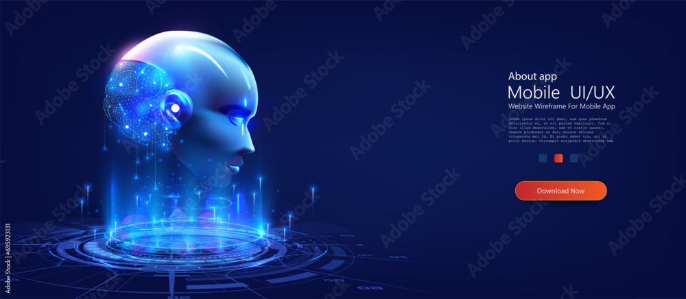 Poster technology and engineering concept. artificial intelligence in humanoid head with neural network thi