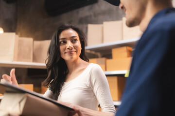 Happy technician group enjoying their successful job, Professional warehouse worker team celebrating success in storage warehouse factory, Cheerful officer having fun at work, Logistic business work