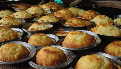 A large number of muffins in silver pans