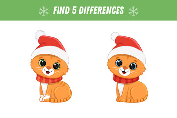 Find 5 differences between two pictures of cute ginger cat in box. Cartoon red kitten cub in santa hat. Activity page. Christmas game. Xmas. Vector