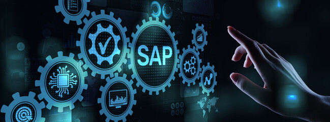 SAP - Business process automation software. ERP enterprise resources planning system concept on virtual screen.