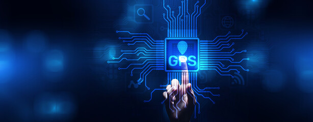 GPS global positioning system navigation technology concept on screen. - obrazy, fototapety, plakaty