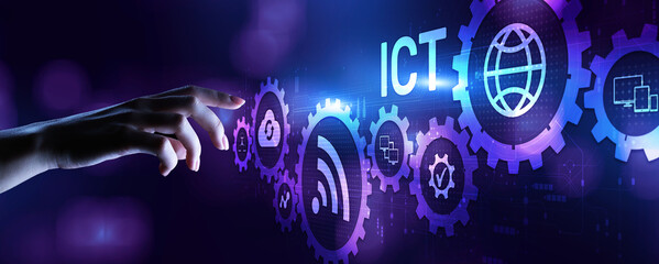ICT Information communication technology internet concept on virtual screen.