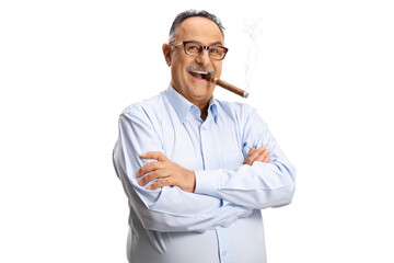 Mature man smoking a cigar and posing with folded arms