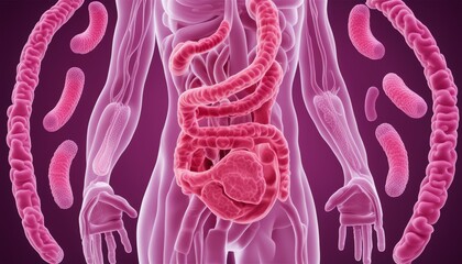 A 3D model of a human body with a large pink intestine