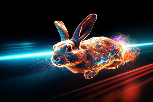 rabbit running fast, showing high speed, neon colors