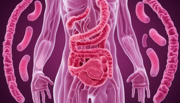 A 3D model of a human body with a large pink intestine