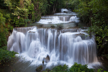 Fototapeta na wymiar Huay Mae Khamin Waterfall is originated from Kala mountain range. The waterfall is situated on the east of Sri Nakarin Dam national park.Kanchanaburi province,Thailand