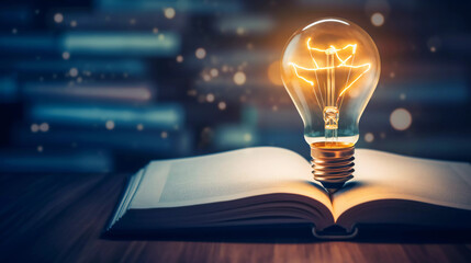 Light bulb glowing on book, idea of ​​inspiration from reading, innovation idea concept, Self learning or education knowledge and business studying concept. - obrazy, fototapety, plakaty