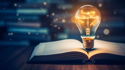 Foto op Plexiglas Light bulb glowing on book, idea of ​​inspiration from reading, innovation idea concept, Self learning or education knowledge and business studying concept. © Business Pics