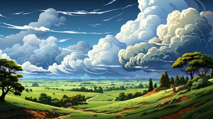 Overcast Sky Panorama On Rainy Day, Background Banner HD, Illustrations , Cartoon style