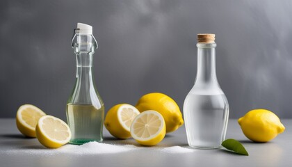 A bottle of lemon juice and a bottle of lemon oil