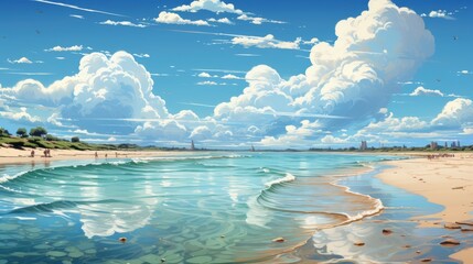 Panorama Beautiful White Sand Beach Turquoise, Background Banner HD, Illustrations , Cartoon style