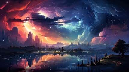 Panorama Milky Way Galaxy Bright Stars, Background Banner HD, Illustrations , Cartoon style