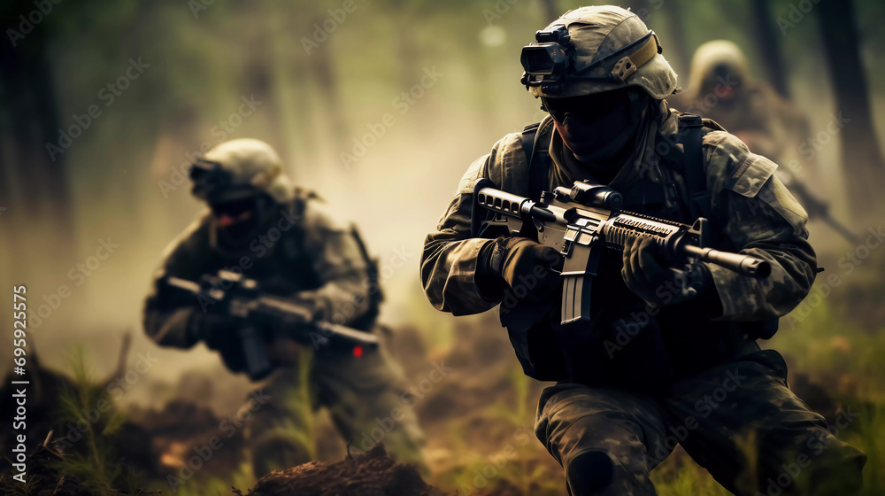 Poster Soldiers in Combat Gear Advancing Cautiously in the Field 