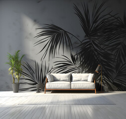  Beautiful tropical palm leaf on light black and white background, Space, wall, minimal room with sofa.