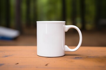 Empty blank mock up of white ceramic coffee mug on a forest background