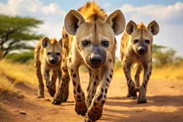 Schilderijen op glas Pack of hyenas walks through Africa after the hunt © Olga
