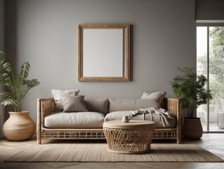 Mock up frame in home interior with rattan furniture, Scandi-boho style