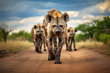 Pack of hyenas walks through Africa	after the hunt