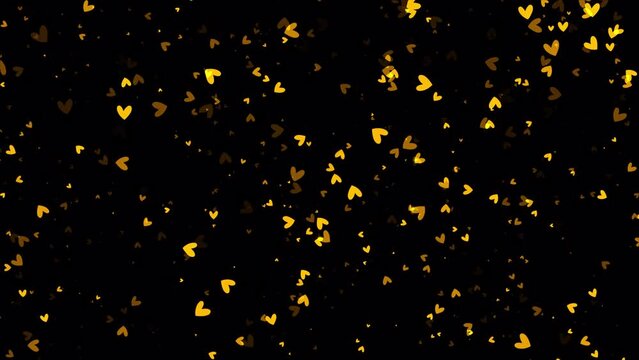4K looping falling down beautiful glow gold hearts on black abstract background animation.Gold hearts animation or Valentine, Wedding Event background. 