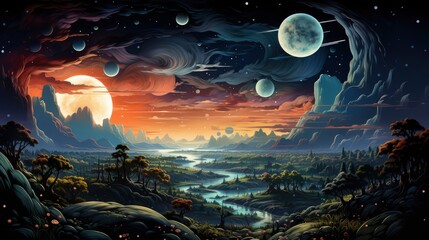 Fototapeta na wymiar Panorama View Universe Space Cosmic Landscape, Background Banner HD, Illustrations , Cartoon style
