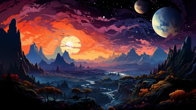 Fototapeta Panoramic View Earth Stars Galaxy Planet, Background Banner HD, Illustrations , Cartoon style