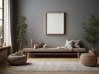 Mock up frame in home interior background, nomadic living room with bench and decor