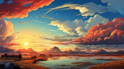 Panoranic Sunrise Sundown Sky Colorful Clouds, Background Banner HD, Illustrations , Cartoon style - obrazy, fototapety, plakaty