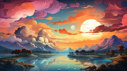 Panoranic Sunrise Sundown Sky Colorful Clouds, Background Banner HD, Illustrations , Cartoon style - obrazy, fototapety, plakaty
