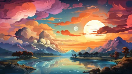 Gordijnen Panoranic Sunrise Sundown Sky Colorful Clouds, Background Banner HD, Illustrations , Cartoon style © Alex Cuong