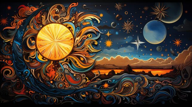 Panoramic View Sun Star Galaxy Wide, Background Banner HD, Illustrations , Cartoon style