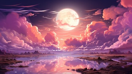 Pink Sunset Clouds Sky Full Moon, Background Banner HD, Illustrations , Cartoon style - obrazy, fototapety, plakaty