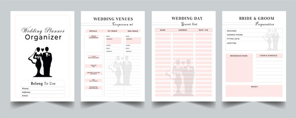 Weeding Planner and organizer editable design template with cover page layout. Vector illustration Color full design template - obrazy, fototapety, plakaty