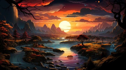 Planet Earth Spectacular Sunse, Background Banner HD, Illustrations , Cartoon style - obrazy, fototapety, plakaty