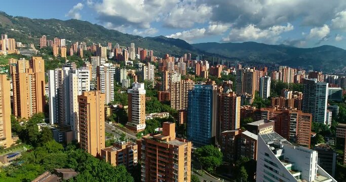 Aerial drone shot from the sky of Medellin city.